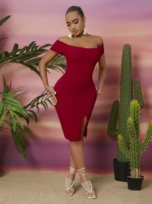 SHEIN SXY Off Shoulder Split Hem Bodycon Dress - Red - View 6