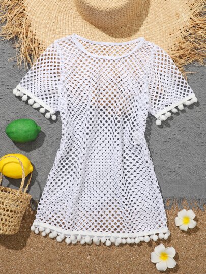 SHEIN Tween Girl Fishnet Pom-Pom Decor Cover Up Summer Holiday