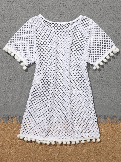 SHEIN Tween Girl Fishnet Pom-Pom Decor Cover Up