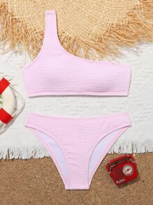 Tween Girl Plain One Shoulder Bikini Set Summer Beach - Baby Pink - View 1