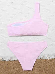 Tween Girl Plain One Shoulder Bikini Set Summer Beach - Baby Pink - View 2