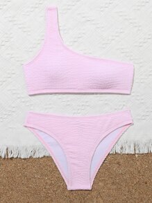 Tween Girl Plain One Shoulder Bikini Set Summer Beach - Baby Pink - View 4