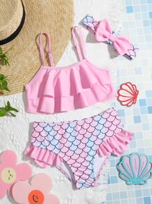 Young Girl Fish Scale Print Tiered Layer Bikini Set Summer Beach Kids Swimming ,Kids Beachwear - Pink - View 1