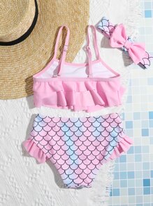 Young Girl Fish Scale Print Tiered Layer Bikini Set Summer Beach Kids Swimming ,Kids Beachwear - Pink - View 2