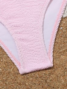 Tween Girl Plain One Shoulder Bikini Set Summer Beach - Baby Pink - View 5