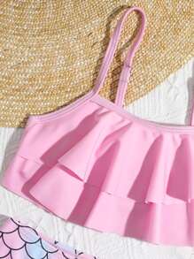 Young Girl Fish Scale Print Tiered Layer Bikini Set Summer Beach Kids Swimming ,Kids Beachwear - Pink - View 3