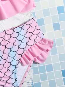 Young Girl Fish Scale Print Tiered Layer Bikini Set Summer Beach Kids Swimming ,Kids Beachwear - Pink - View 4