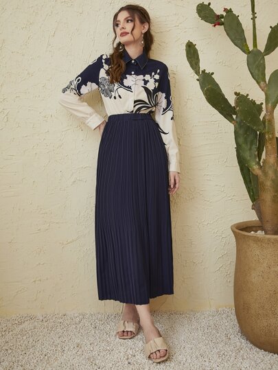 Modelyn Floral Print Button Front Blouse & High Waist Pleated Skirt