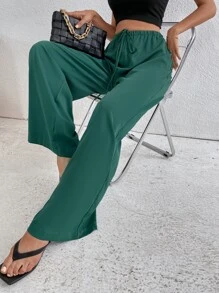 腰部打結闊腿褲 - 墨綠色 - 查看 1