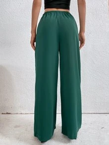腰部打結闊腿褲 - 墨綠色 - 查看 2