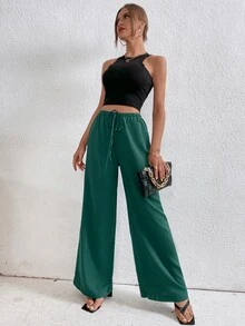 腰部打結闊腿褲 - 墨綠色 - 查看 3