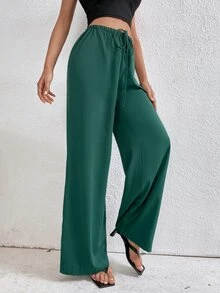 腰部打結闊腿褲 - 墨綠色 - 查看 4