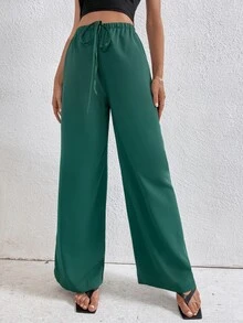 腰部打結闊腿褲 - 墨綠色 - 查看 5