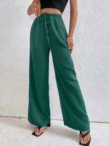 腰部打結闊腿褲 - 墨綠色 - 查看 6