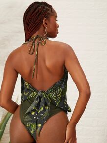SHEINNeu Plant & Animal Print Backless Knot Halter Neck Bodysuit - Multicolor - View 2