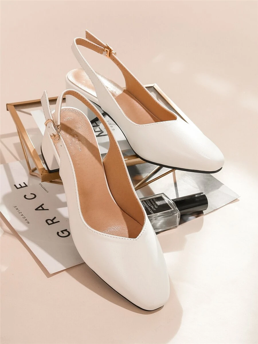 Fall/Winter Square Toe Chunky Heeled Slingback Pumps, White Elegant Solid Color Backless Women's High Heel Shoes,Elegant - White - View 1
