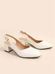 Fall/Winter Square Toe Chunky Heeled Slingback Pumps, White Elegant Solid Color Backless Women's High Heel Shoes,Elegant - White - View 2