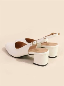 Fall/Winter Square Toe Chunky Heeled Slingback Pumps, White Elegant Solid Color Backless Women's High Heel Shoes,Elegant - White - View 3