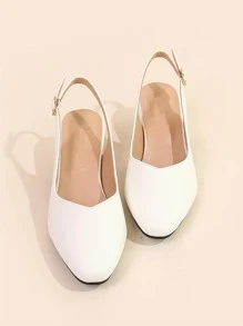 Fall/Winter Square Toe Chunky Heeled Slingback Pumps, White Elegant Solid Color Backless Women's High Heel Shoes,Elegant - White - View 4