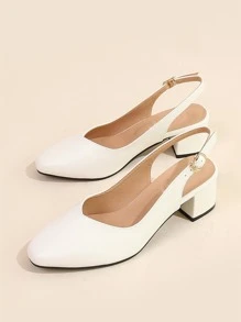 Fall/Winter Square Toe Chunky Heeled Slingback Pumps, White Elegant Solid Color Backless Women's High Heel Shoes,Elegant - White - View 5