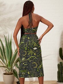 SHEINNeu Bộ đồ hai mảnh nữ Cắt ra Buộc lại Tách cao Nếp gấp Phần Ngực Tất cả trên in Boho - Nhiều màu - Xem 2