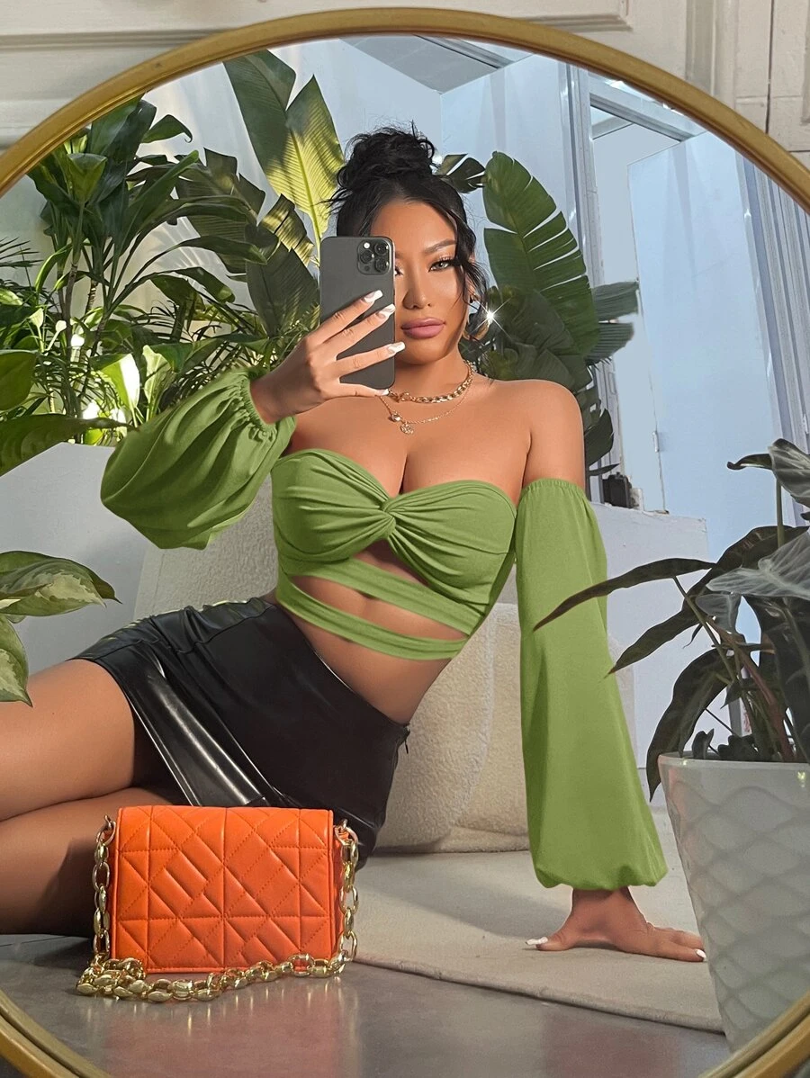 SHEIN SXY Off Shoulder Twist Front Cut Out Crop Top - Green - View 1