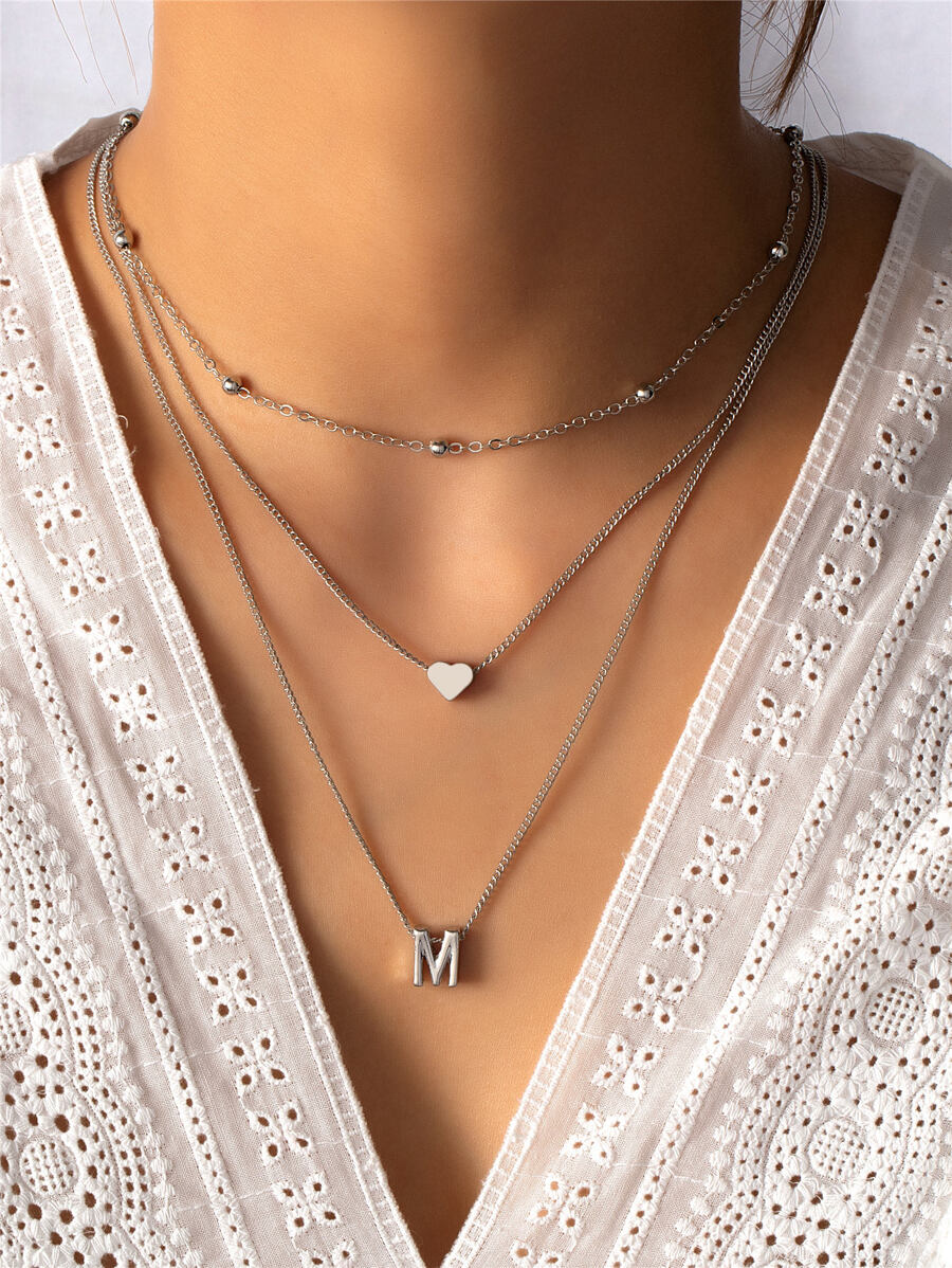 Heart & Letter Charm Layered Necklace - Silver - View 1