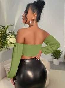 SHEIN SXY Off Shoulder Twist Front Cut Out Crop Top - Green - View 2
