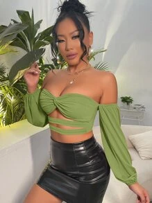 SHEIN SXY Off Shoulder Twist Front Cut Out Crop Top - Green - View 3