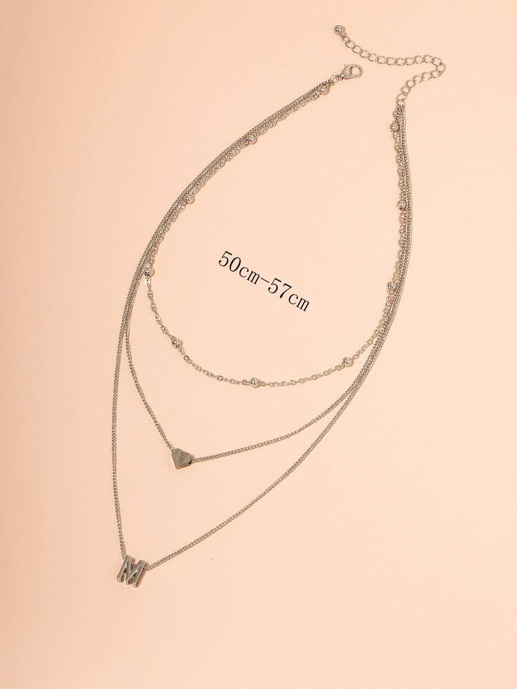 Heart & Letter Charm Layered Necklace - Silver - View 3