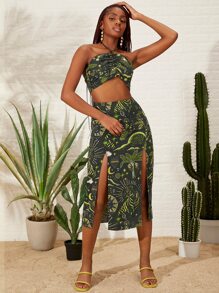 SHEINNeu Bộ đồ hai mảnh nữ Cắt ra Buộc lại Tách cao Nếp gấp Phần Ngực Tất cả trên in Boho - Nhiều màu - Xem 1