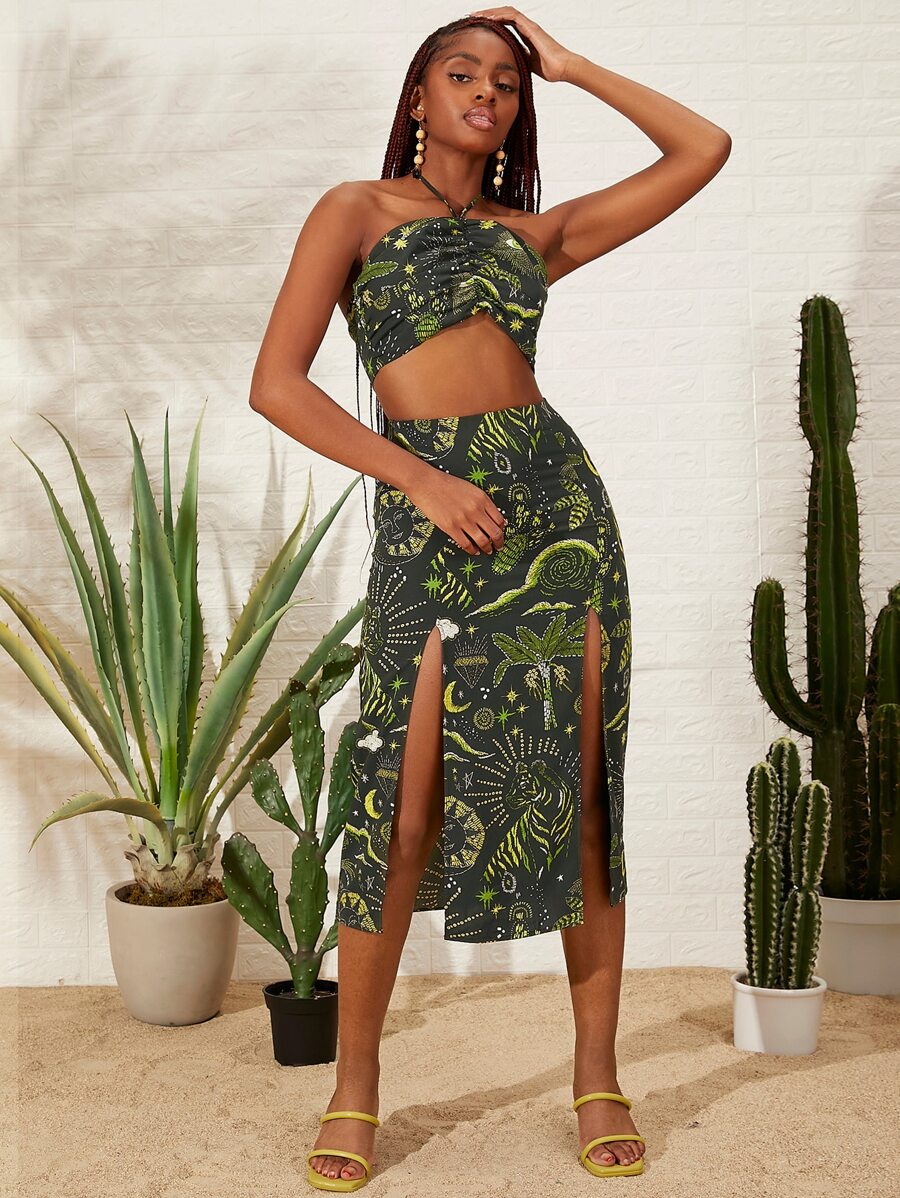 SHEINNeu Bộ đồ hai mảnh nữ Cắt ra Buộc lại Tách cao Nếp gấp Phần Ngực Tất cả trên in Boho - Nhiều màu - Xem 1