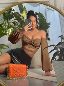 SHEIN SXY Off Shoulder Twist Front Cut Out Crop Top - Khaki - View 1
