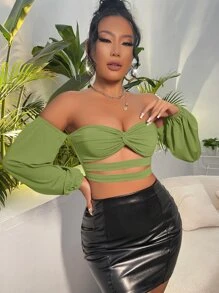 SHEIN SXY Off Shoulder Twist Front Cut Out Crop Top - Green - View 5