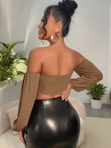 SHEIN SXY Off Shoulder Twist Front Cut Out Crop Top - Khaki - View 2