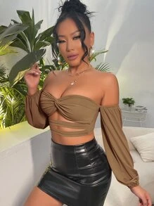 SHEIN SXY Off Shoulder Twist Front Cut Out Crop Top - Khaki - View 4