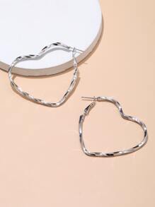 Heart Design Hoop Earrings - Silver - View 2