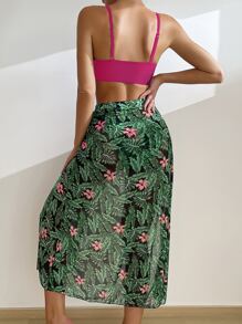 Bộ bikini in họa tiết nhiệt đới với váy đi biển Bãi biển mùa hè - Màu Hồng Tươi - Xem 2