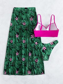 Bộ bikini in họa tiết nhiệt đới với váy đi biển Bãi biển mùa hè - Màu Hồng Tươi - Xem 4