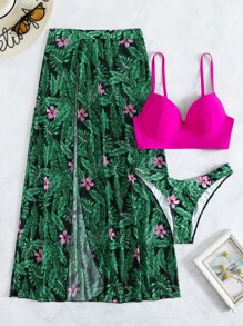 Bộ bikini in họa tiết nhiệt đới với váy đi biển Bãi biển mùa hè - Màu Hồng Tươi - Xem 6