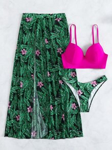 Bộ bikini in họa tiết nhiệt đới với váy đi biển Bãi biển mùa hè - Màu Hồng Tươi - Xem 7