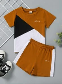 SHEIN Toddler Boys Colour Block Letter Graphic Tee & Shorts - Multicolor - View 1