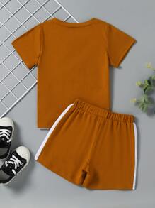 SHEIN Toddler Boys Colour Block Letter Graphic Tee & Shorts - Multicolor - View 2