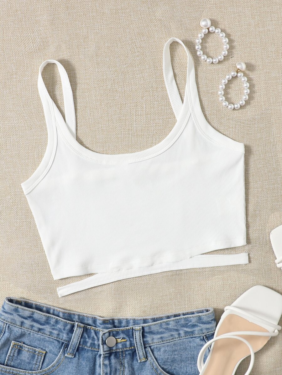 SHEIN PETITE Top de tirantes corto con abertura tejido de canalé - Blanco - Ver 1
