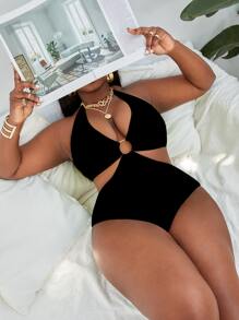 Swim Vcay Plus Ring Linked Halter One Piece Swimsuit,Summer Beach - Black - View 1