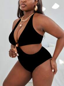 Swim Vcay Plus Ring Linked Halter One Piece Swimsuit,Summer Beach - Black - View 3