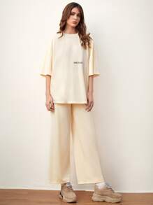 Mulvari Bộ đồ hai mảnh nữ Slogan Giải trí - Màu be - Xem 3