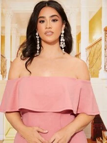SHEIN Belle Plus Off Shoulder Ruffle Trim Bridesmaid Dress - Pink - View 3