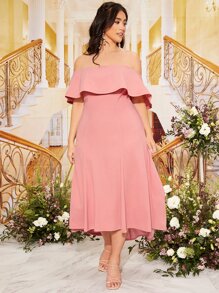 SHEIN Belle Plus Off Shoulder Ruffle Trim Bridesmaid Dress - Pink - View 4