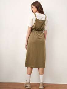 Mulvari 日文圖案補丁細節腰部抽繩洋裝不帶T恤 - 卡其色 - 查看 2